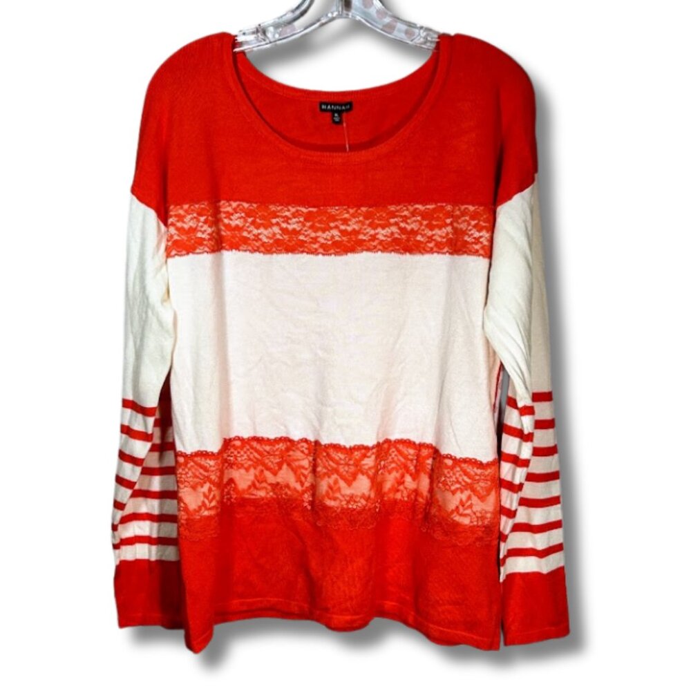 Hannah Womens Orange White Colorblock Lace Inset‎ Striped Sleeve Sweater XL NEW